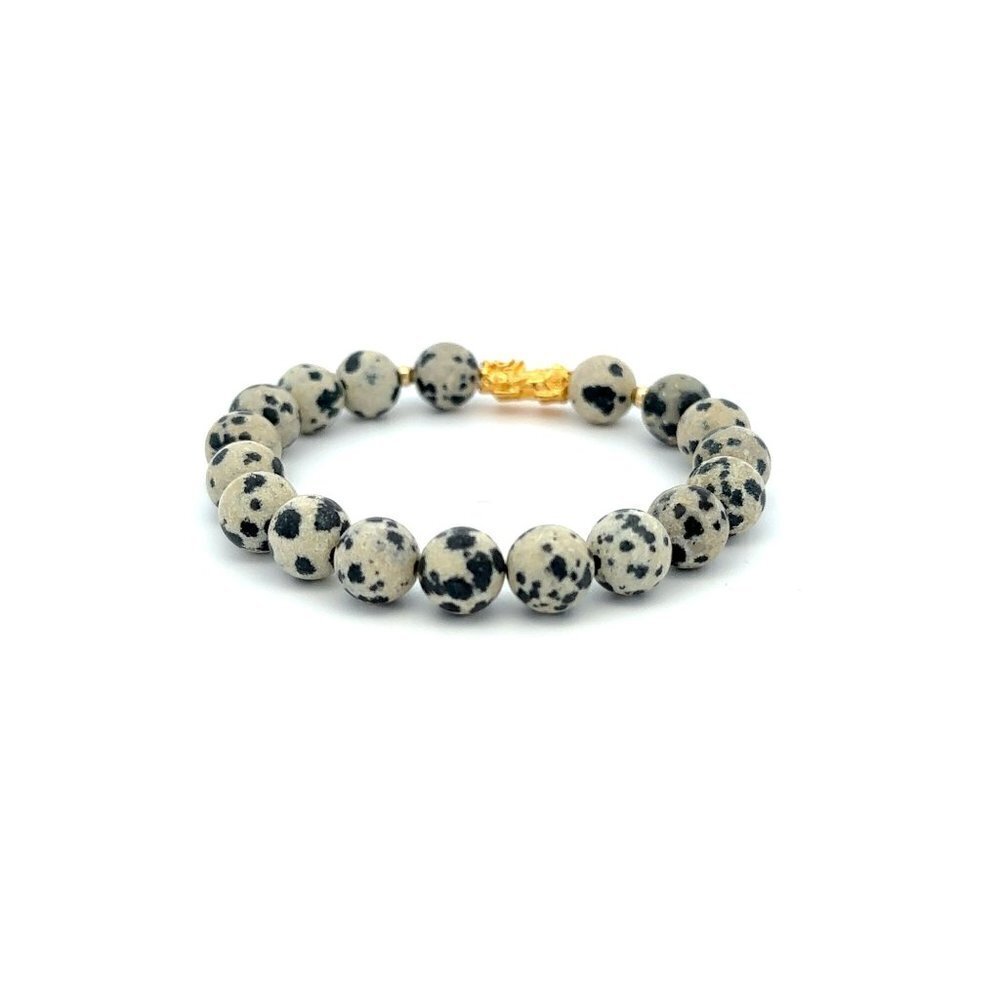 18K Gold Dragon Pixiu Piyao Lucky Bracelet Beads Gemstone Dalmatian Jasper 8mm - Picture 4 of 8